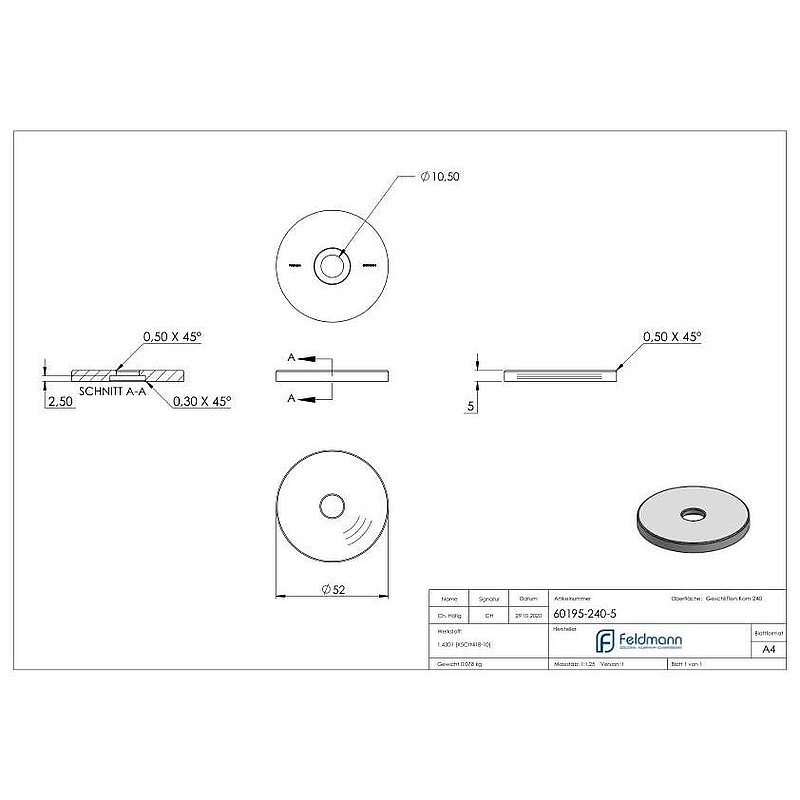 Unterteil Ø 52 mm, mit Durchgangsbohrung , t: 5mm, V2A