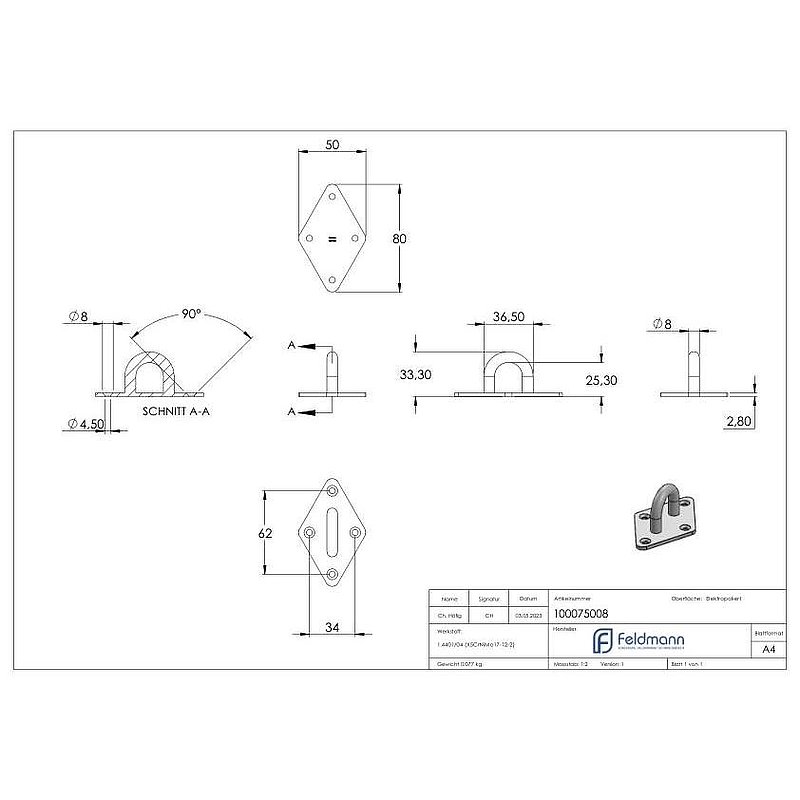Fixing eyelet with square plate AISI316