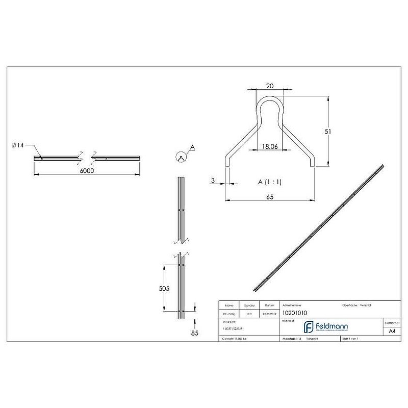 Laufschiene 20mm, L: 6000mm zum Einbetonieren