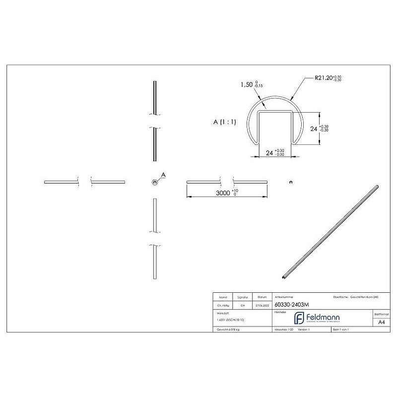 Nutrohr 42,4x1,5 mm, L: 3000mm, V2A