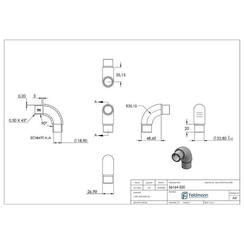 Rohrbogen 90°, für Rohr 26,9x2,0mm, V2A