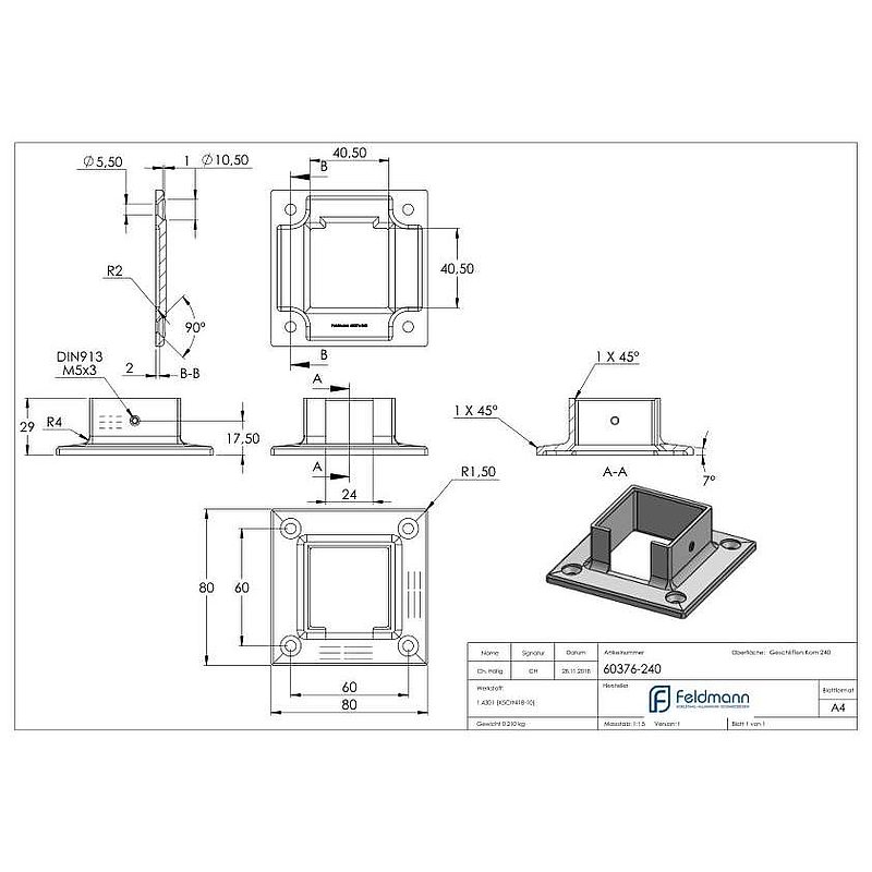 Wandbefestigung für Quadratnutrohr 40x40mm, V2A