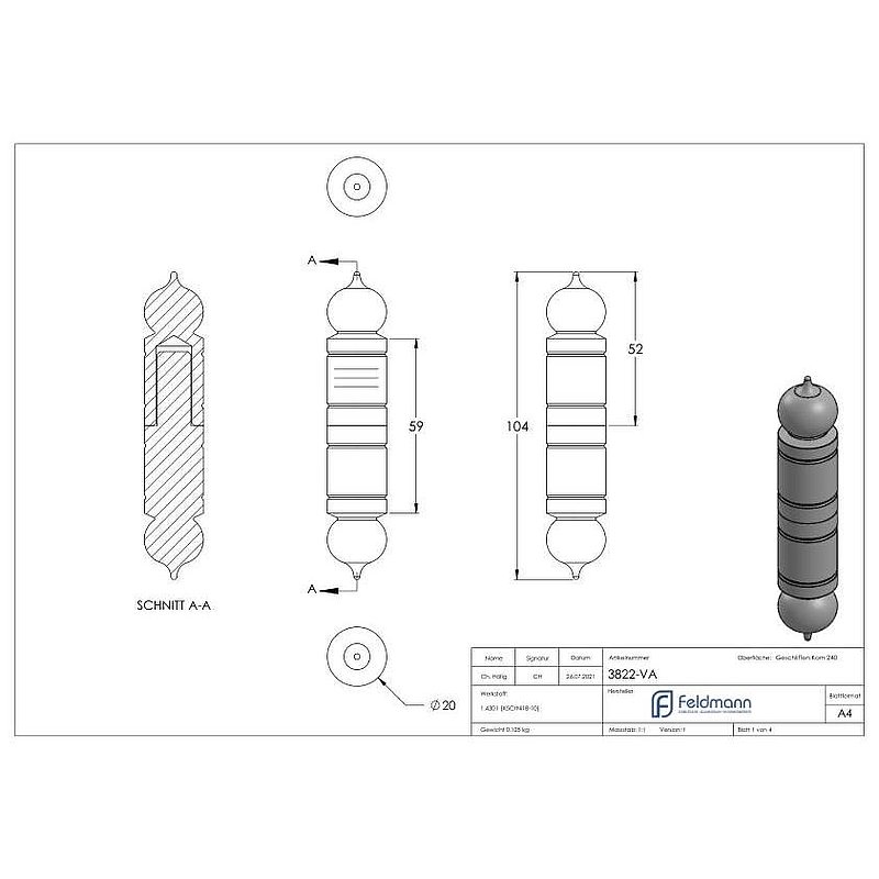 Anschweißband mit festem Stift glatt, 20mm, V2A