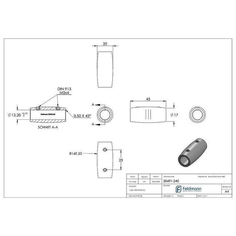 Stabverbinder für 12mm Rund, L: 45mm, Ø 20mm, V2A