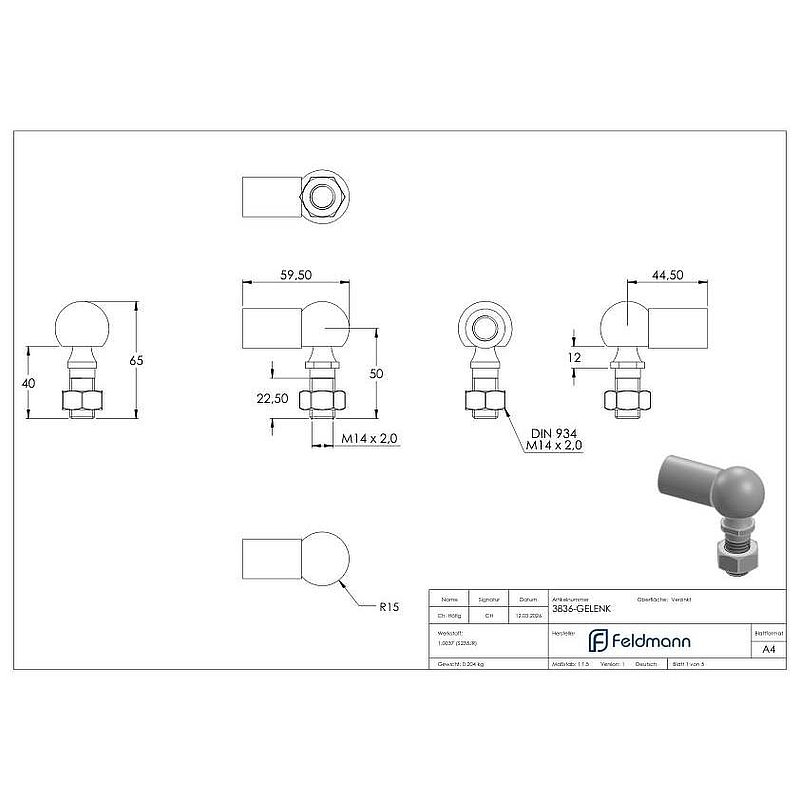 lifting door hinge M14 x 2 with right-hand thread, galvanized