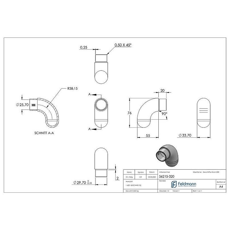 Endbogen 90° halbrund, für Rohr 33,7x2,0mm, V2A