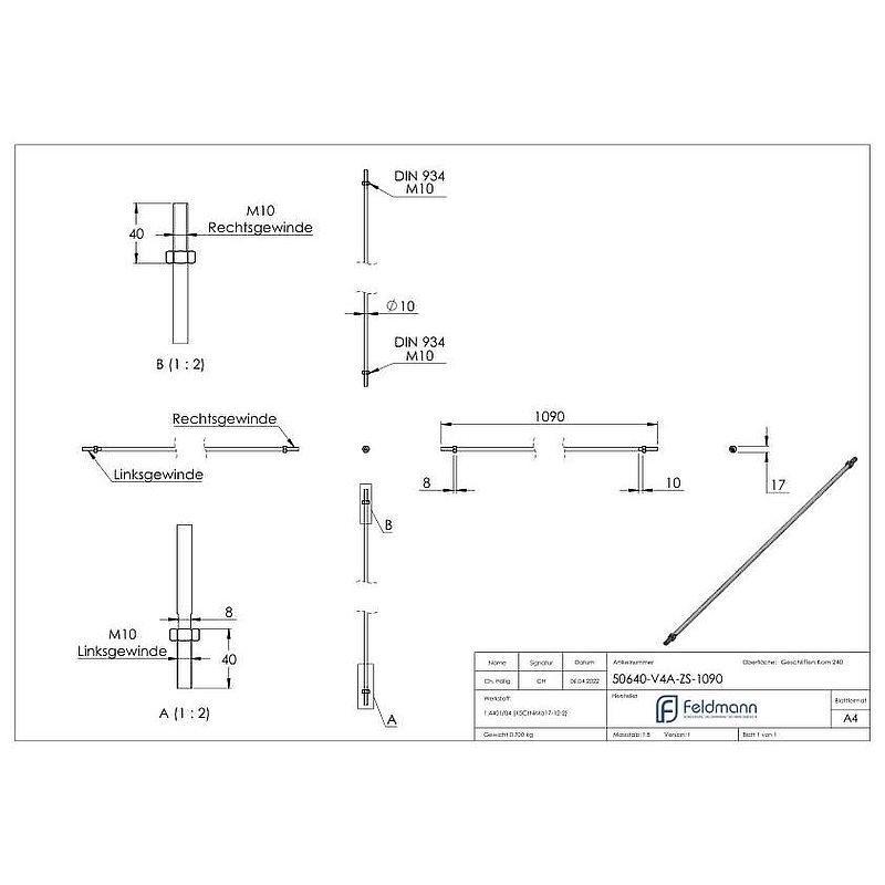 Zugstange zu Vordachsystem mit L: 1090mm, V4A