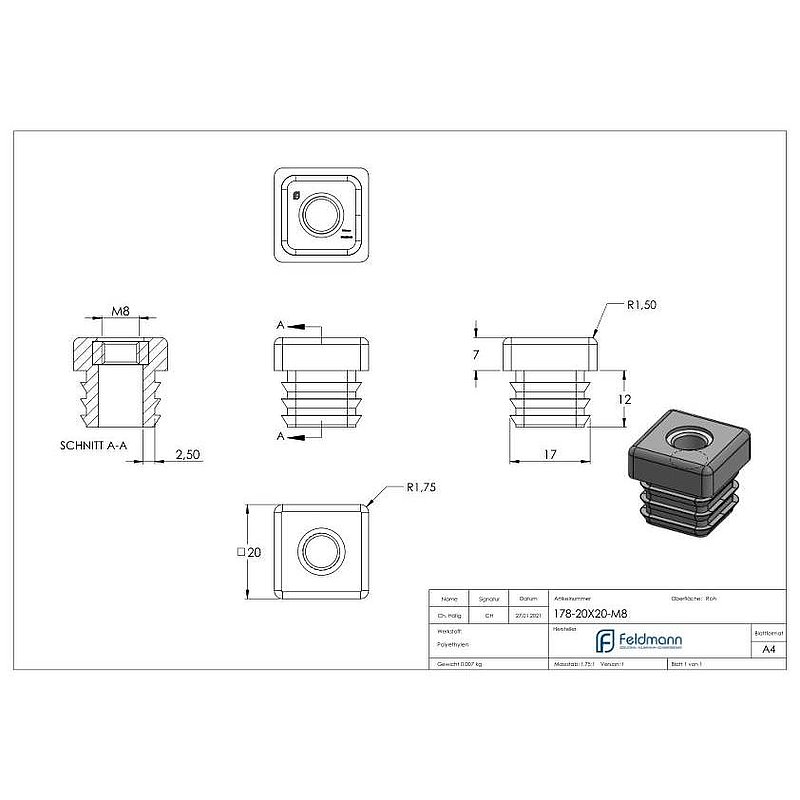 Kunststoffkappe für Quadratrohr 20x20mm mit M8