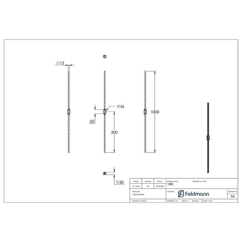 Knubbelstab 13x13mm, gehämmert, H: 1000mm