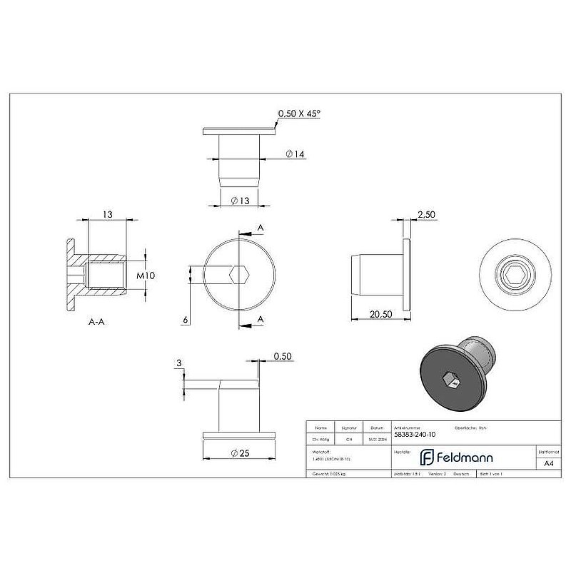 Sleeve nut with flat head and ISK, M10, AISI304