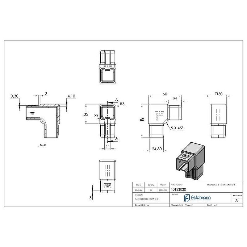 Raccord à 90° pour tube 30x30x2,0mm, V4A