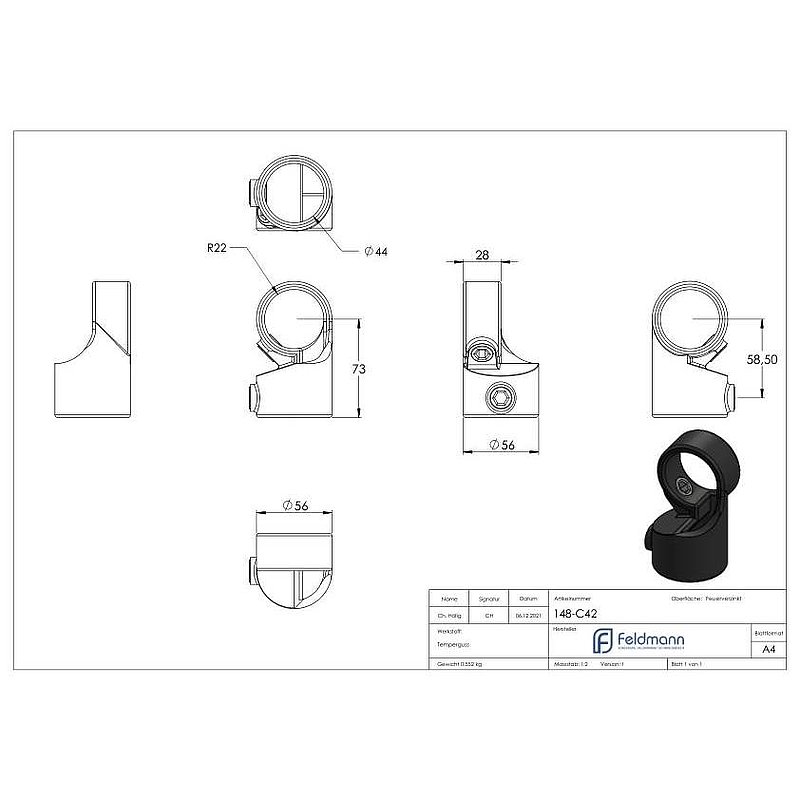 Joint, adjustable, for pipe Ø 42.4mm