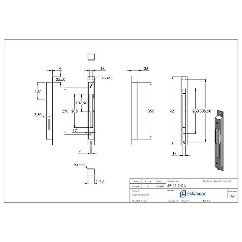 Gegenkasten zum Aufschrauben, für Abstand 72 / 92 mm für 40mm, DIN L, V2A