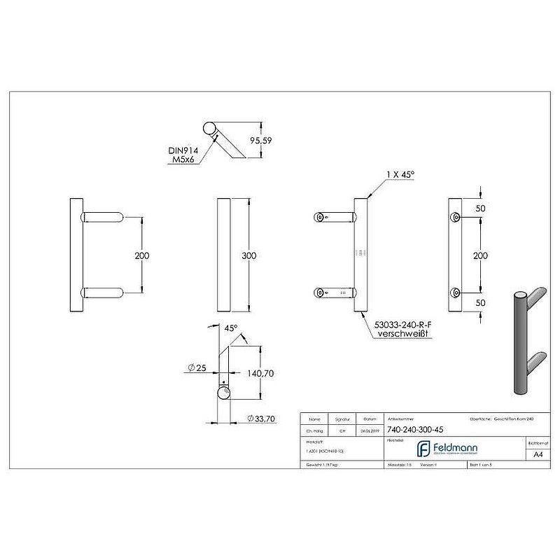 Stoßgriff inkl. Halter mit 45° Schräge 45° mit L: 300mm, V2A