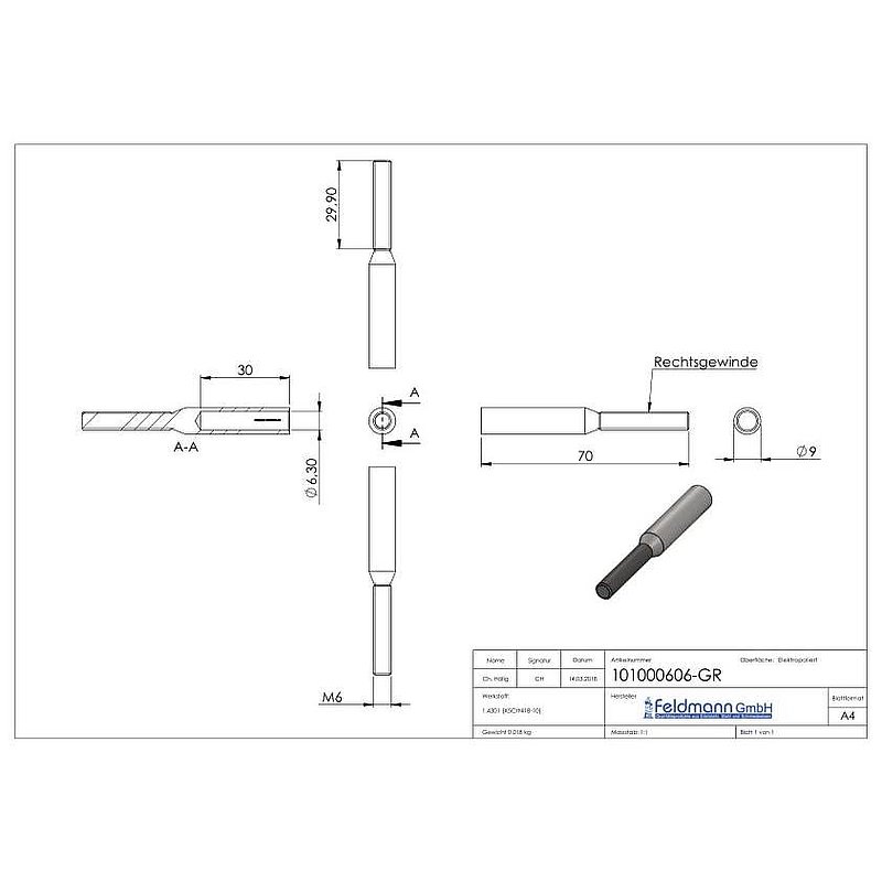 Gewindeterminal für Seil 6mm, V2A