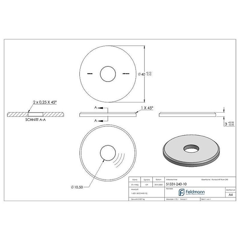 Beilagscheibe 40x3mm mit Fase, Bohrung 10,5mm, V2A