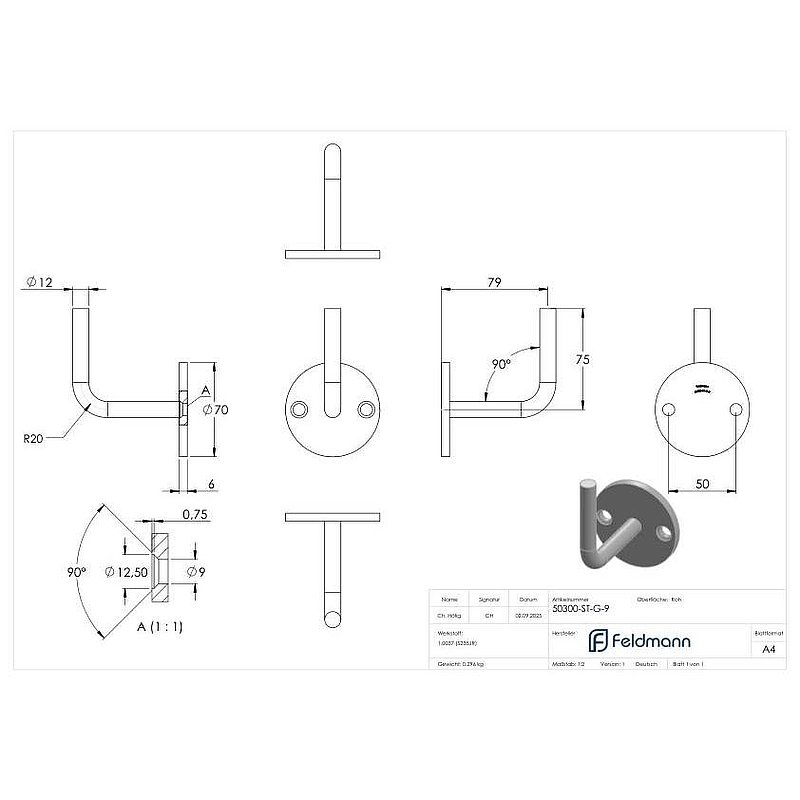 Handlaufträger mit Ronde flach, 70x6mm