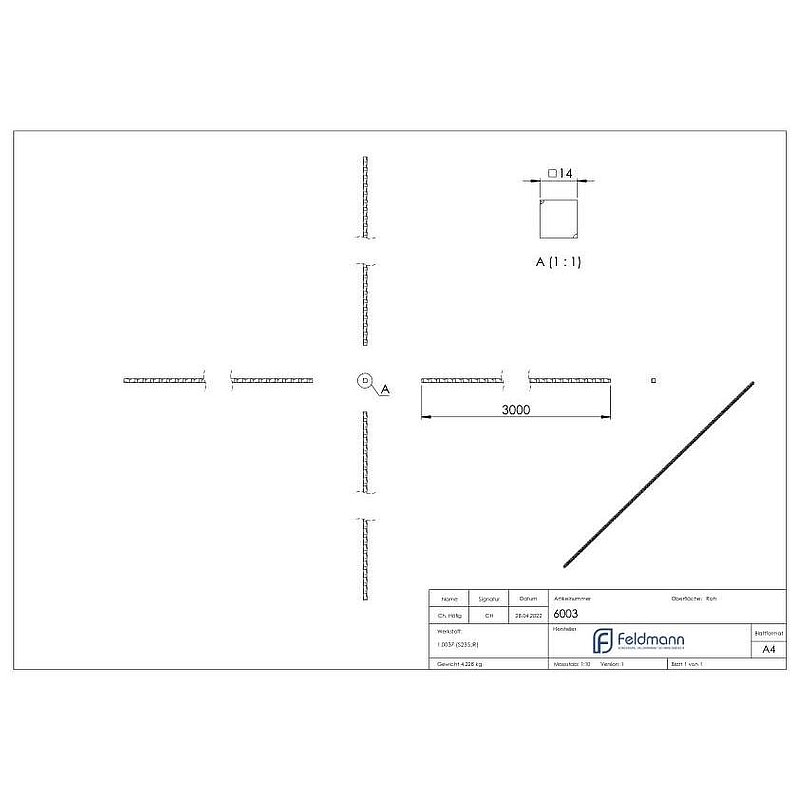 Vierkant S235JR, 14x14mm, L: 3000mm