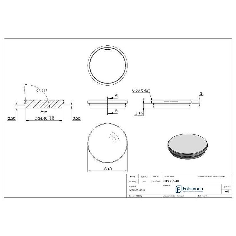 Tube end plug, for tube 40.0x2.0mm, AISI304
