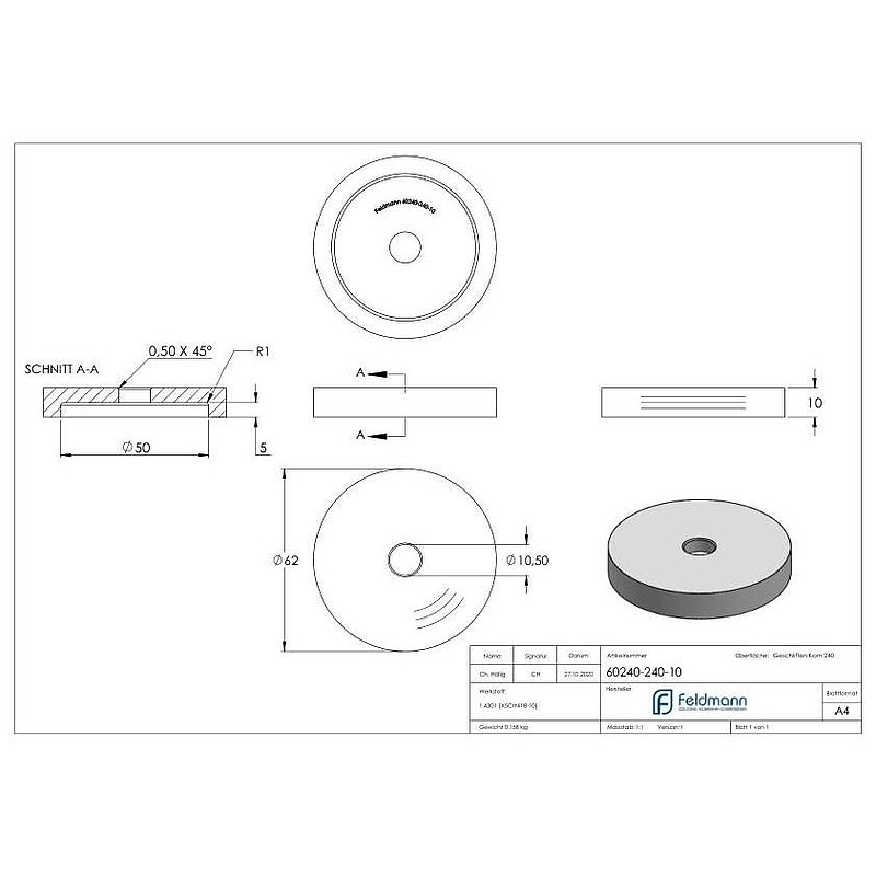 Unterteil für 62mm Glaspunkthalter, t: 10mm, V2A