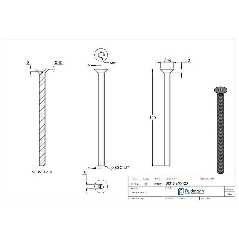 Countersunk head screw M8x120, AISI304, ISO 10642