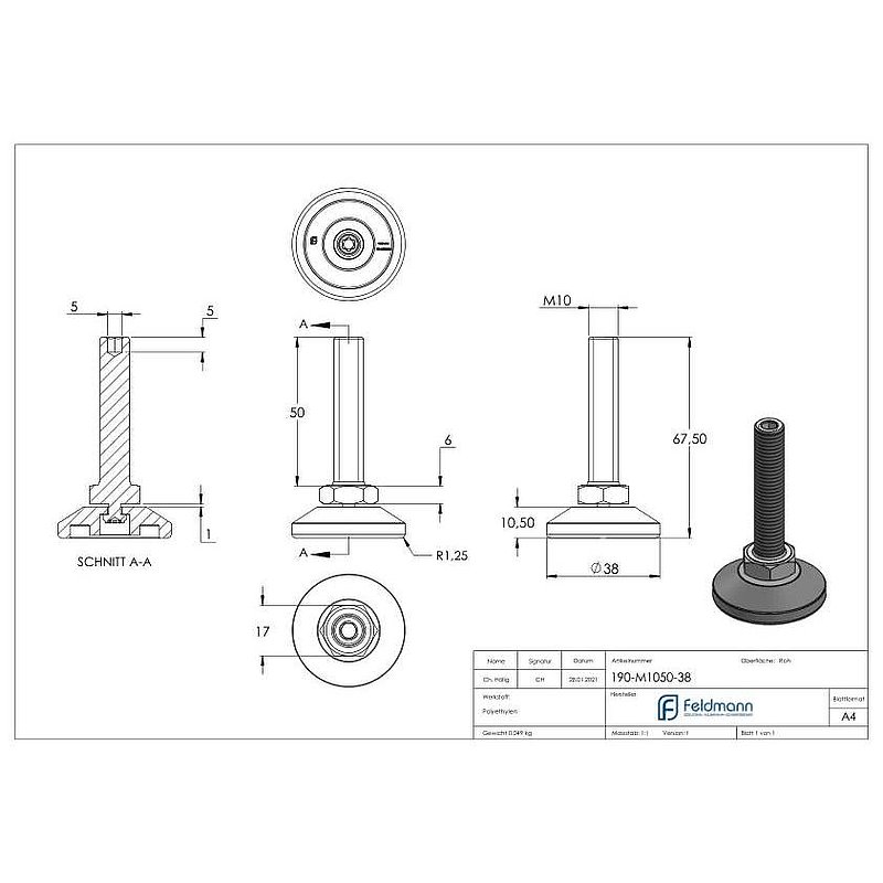Levelling foot with adjusting screw with hexagon socket