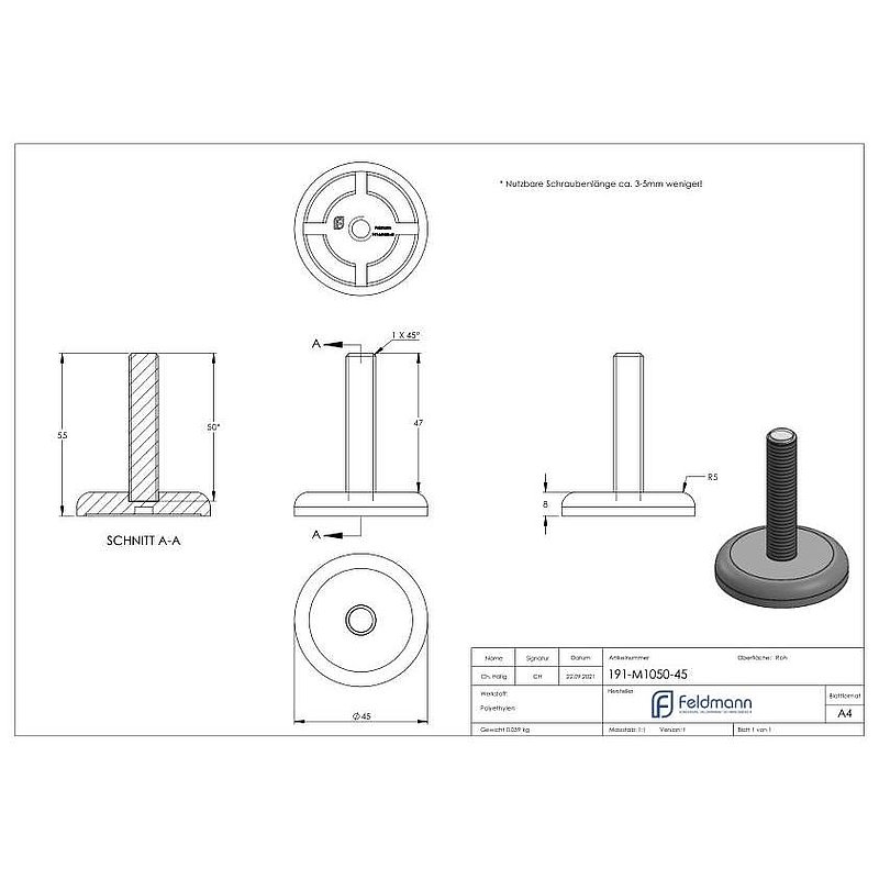 Pied réglable avec vis de compensation M10x50