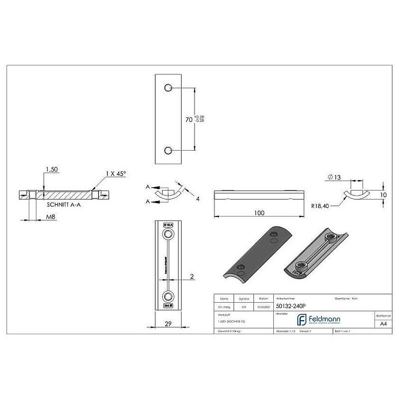 Reinforcement plate for wall mounting 50132-240, AISI304