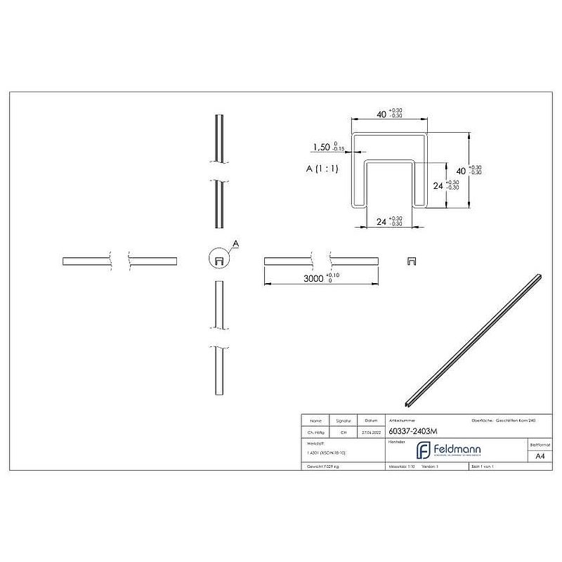 Quadratnutrohr, 40x40x1,5 mm, L: 3000mm, V2A