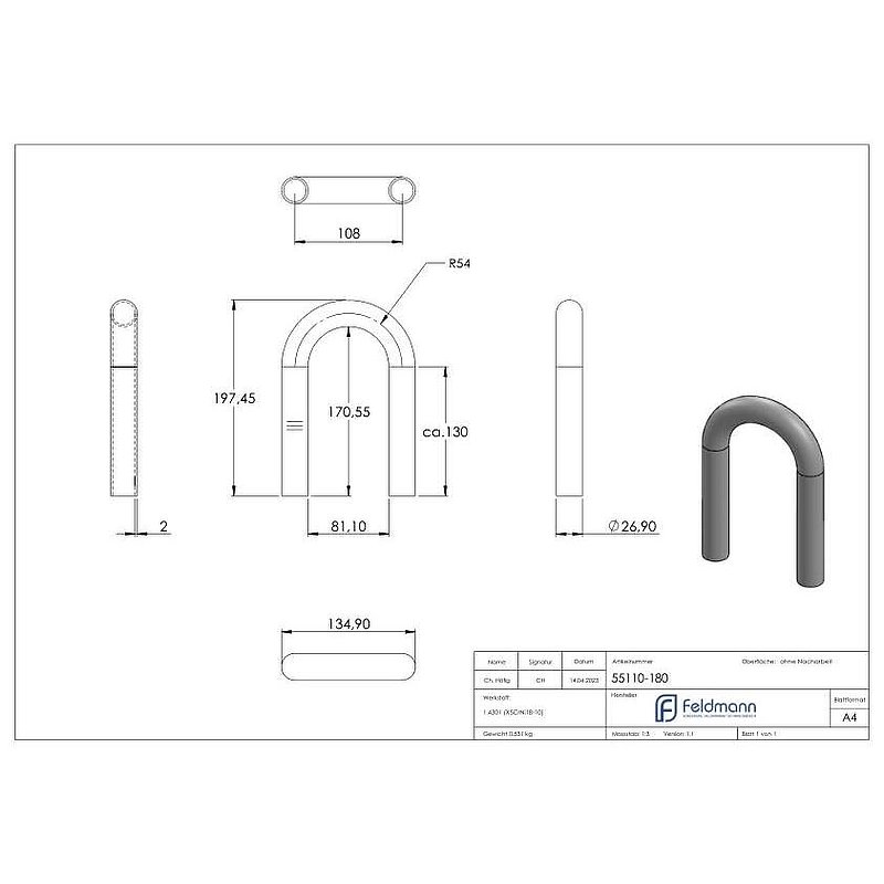 Tube bend 180°, made of 26.9x2.0 mm tube, AISI304