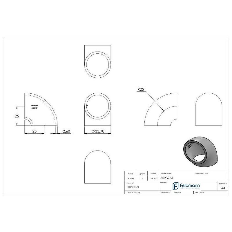 Schweißbogen 90°, 33,7x2,6mm