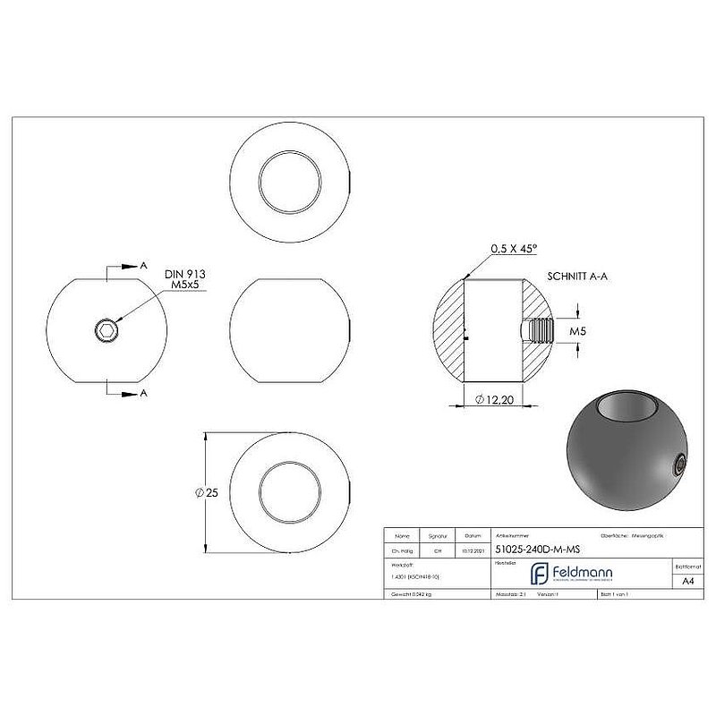 Brass ball Ø 25mm with DG bore 12.2mm