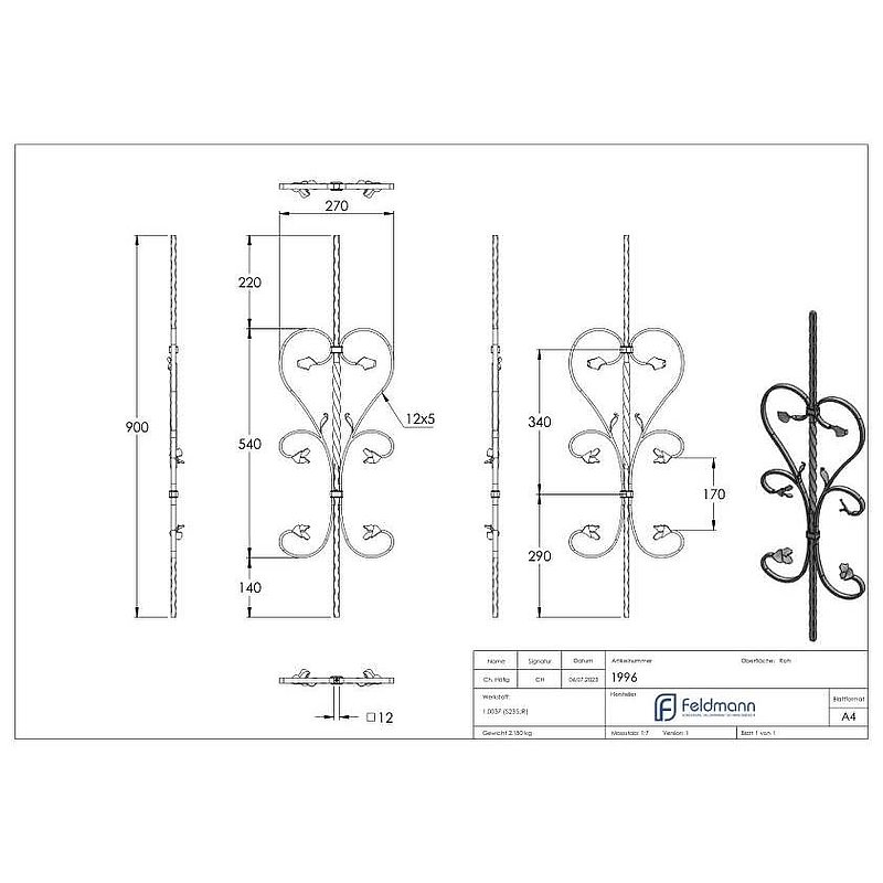 Barre d'ornement 12x12mm, martelée, style baroque, H : 900mm