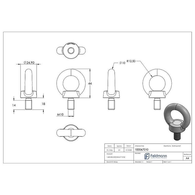 Anneau de levage fileté M10 DIN 580, fer rond : Ø 10mm, V4A