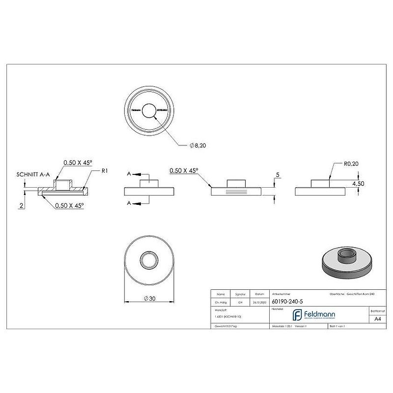 Unterteil Ø 30mm, mit Durchgangsbohrung , t: 5mm, V2A