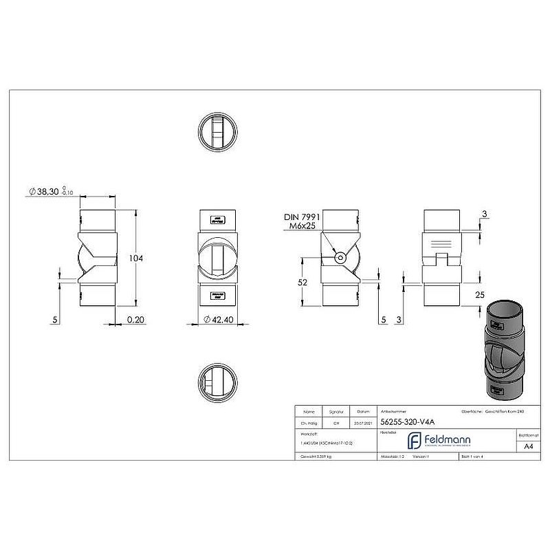 Gelenkstück hohl für Kabel, für Rohr 42,4x2,0mm, V4A