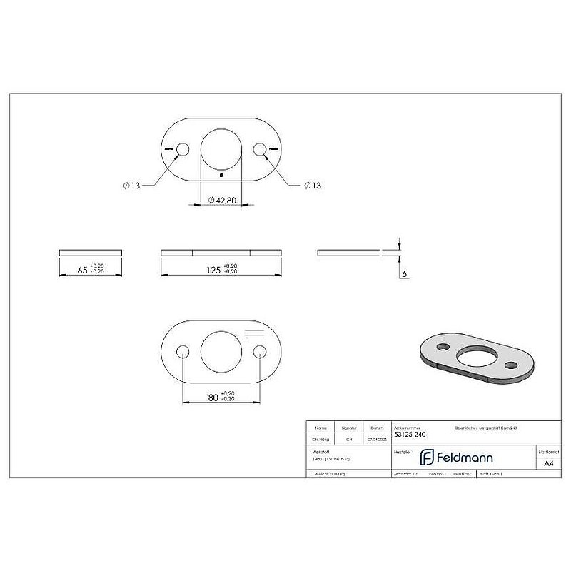 Anchor plate, 125x65x6mm, with longitudinal grinding, AISI304
