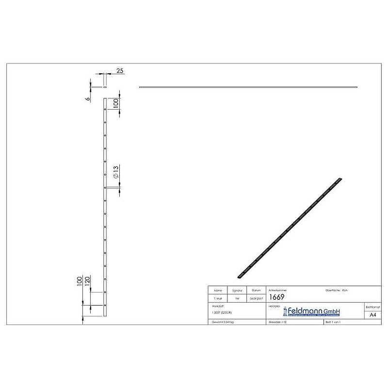 Lochleiste S235JR, 25x6mm, Lochabstand 120mm, 2m