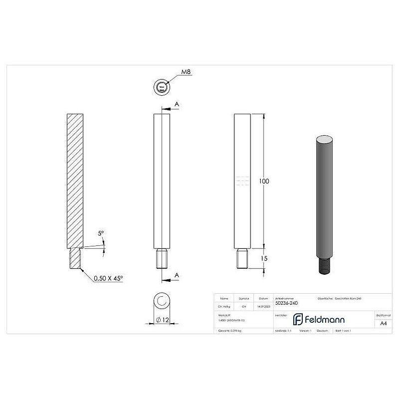 Stift Ø 12mm, L: 100mm, V2A