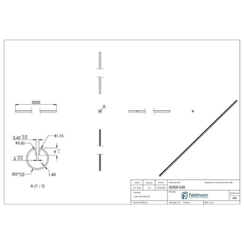 Klemmprofil, 27x1,5mm, L: 3000mm, V2A