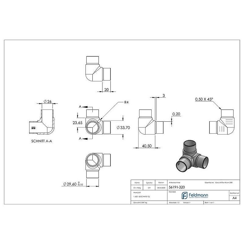 Ecke 90° mit Abgang, für Rohr 33,7x2,0mm, V2A