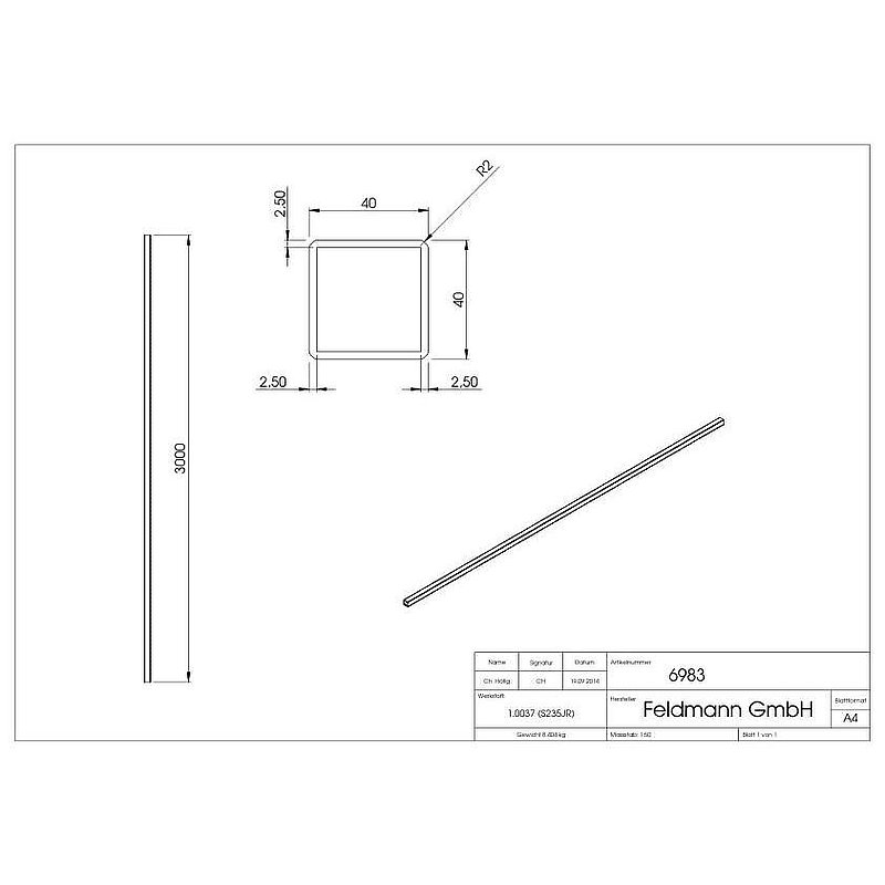 Quadratrohr 40x40x2,5mm, L: 3000mm, gehämmert