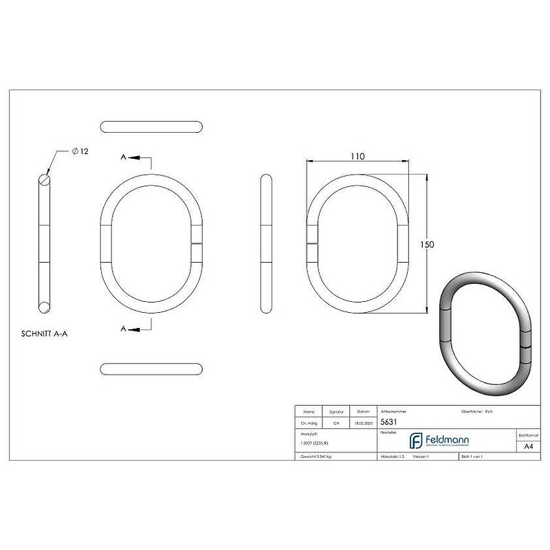 Ring 12mm, oval, 150x110mm