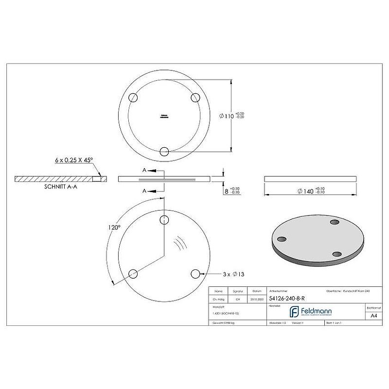 Ankerplatte Ø 140x8mm, mit Rundschliff, V2A