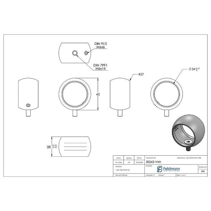 Kugelring für Handlaufhalter, 33,7mm, V4A