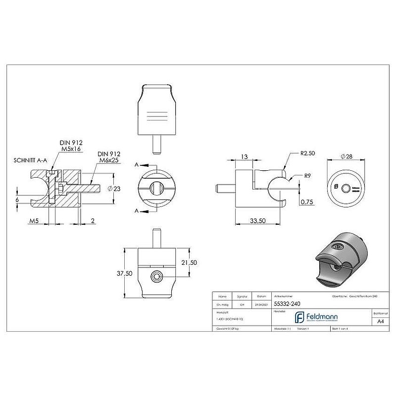 Halter für rundes Klemmprofil 18mm Anschluss: gerade, V2A