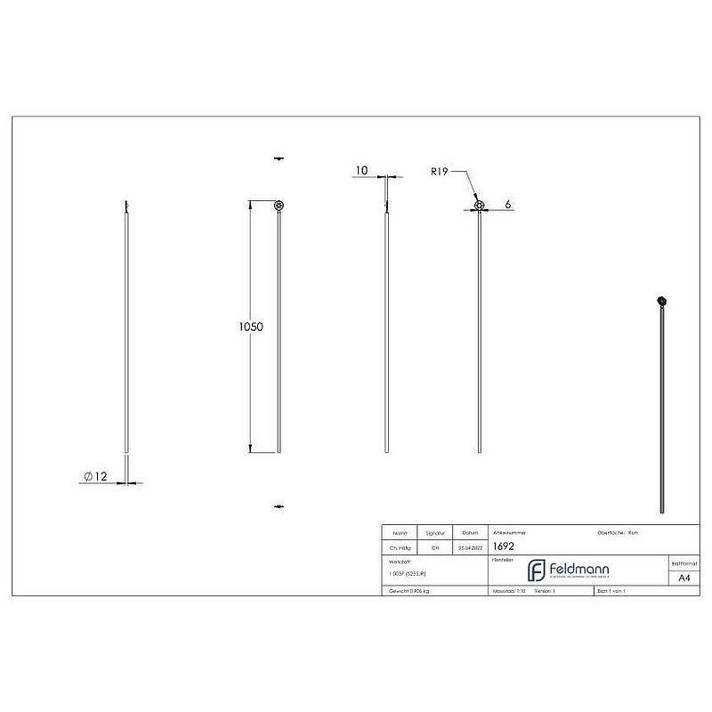 Fence bar Ø 12mm, H: 1050mm, conical with decorative disc