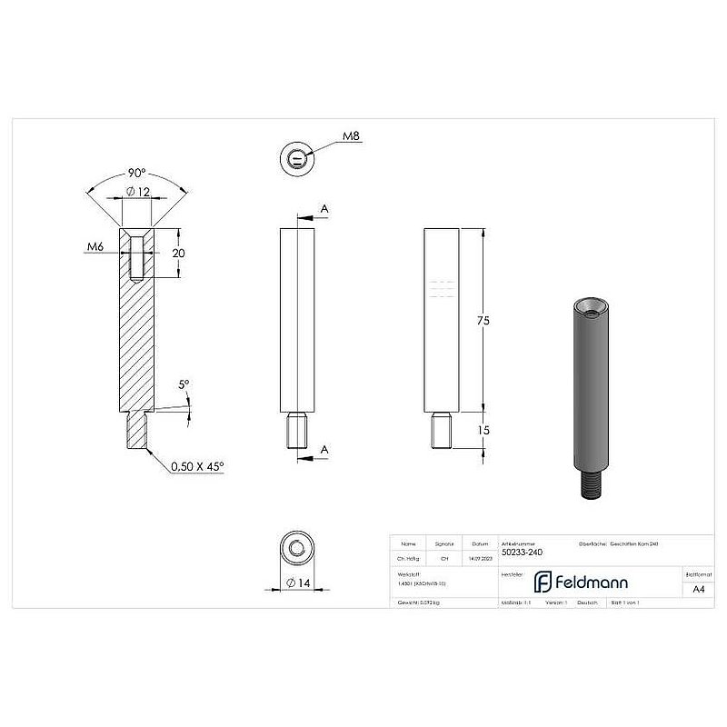 Stift Ø 14mm, L: 75mm, V2A
