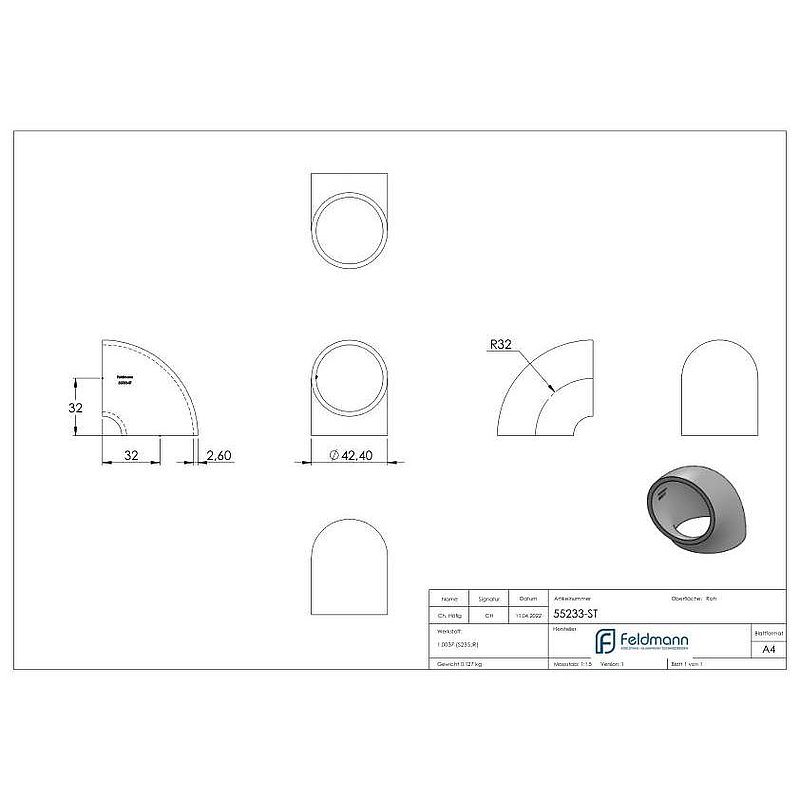 Schweißbogen 90°, 42,4x2,6mm
