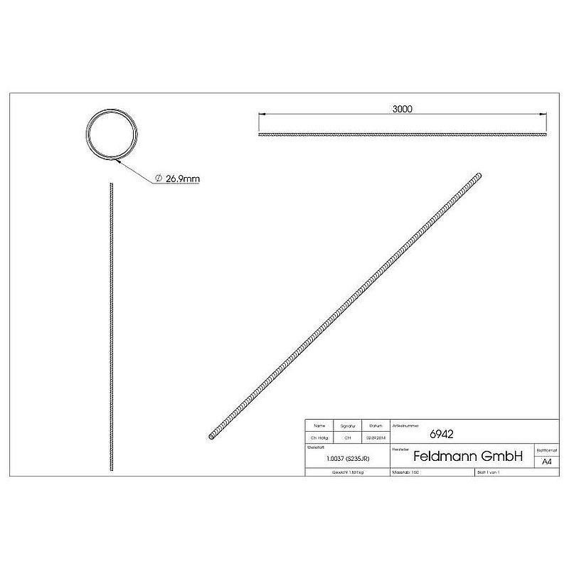 Rundrohr S235JR, 26,90mm, L: 3000mm